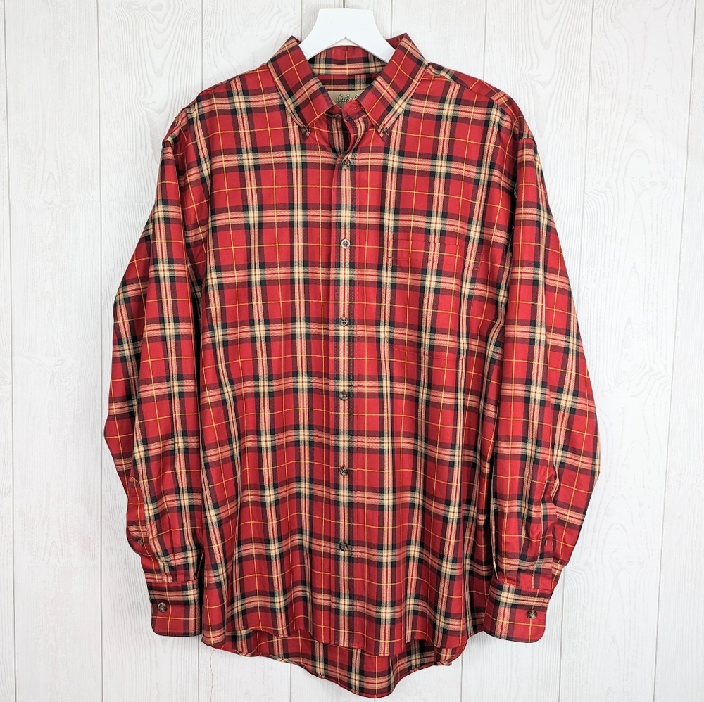 Cabela's Outfitter Series Plaid Shirt Men's Size Large Red Tan Black Button Up